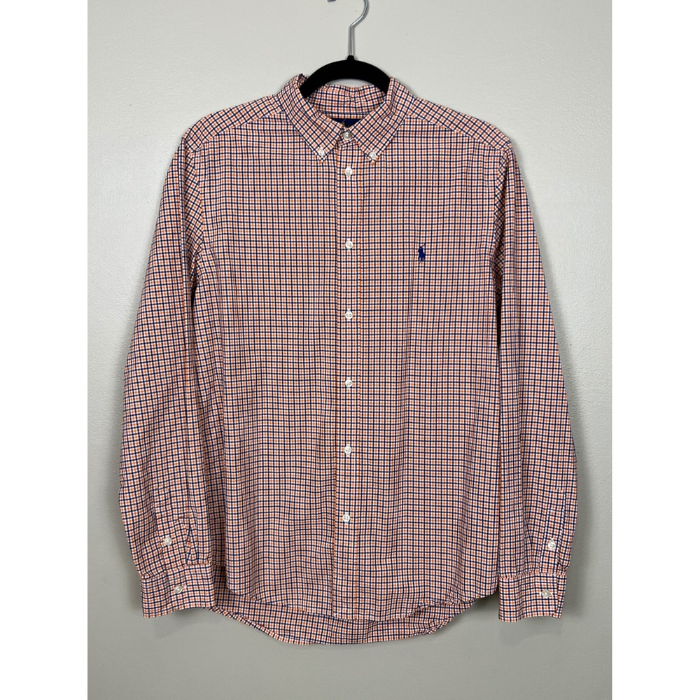 Ralph Lauren Boys XL 18-20 Gingham Button Down Shirt Orange Navy Blue Cotton